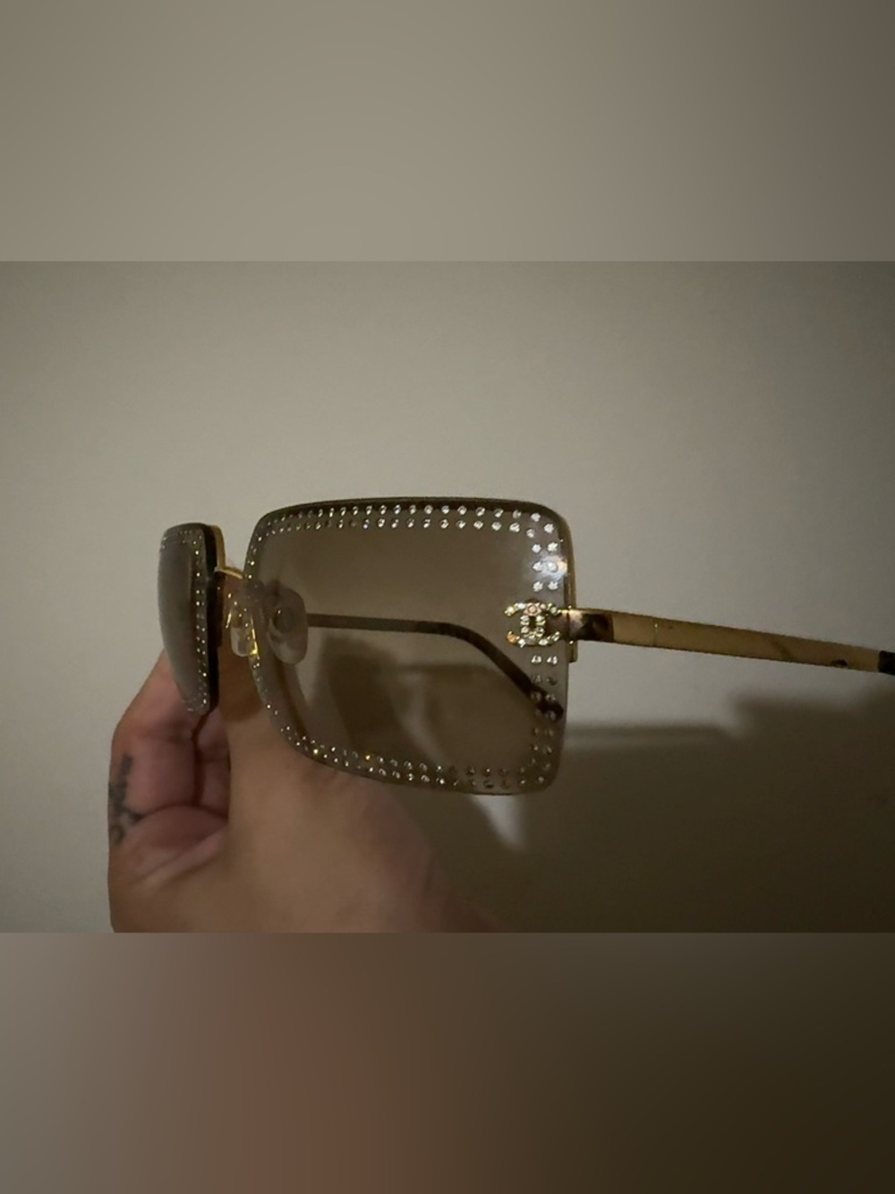 CHANEL Gold Crystal-Edged Square Sunglasses with Brown Lenses